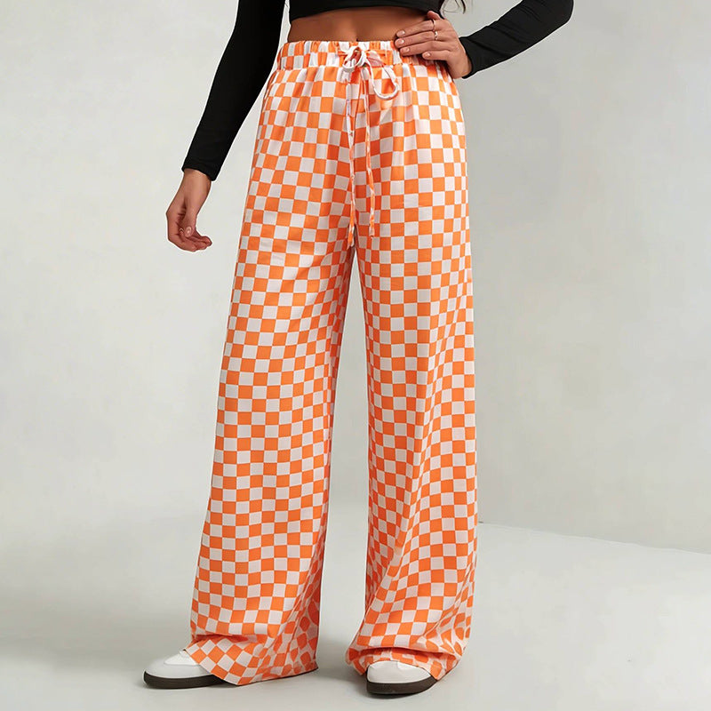 Retro Print Drawstring Elastic Waist Wide Leg Pants - Orange