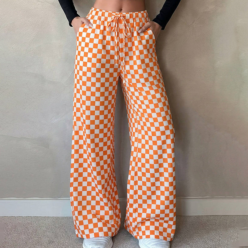 Retro Print Drawstring Elastic Waist Wide Leg Pants - Orange - 1