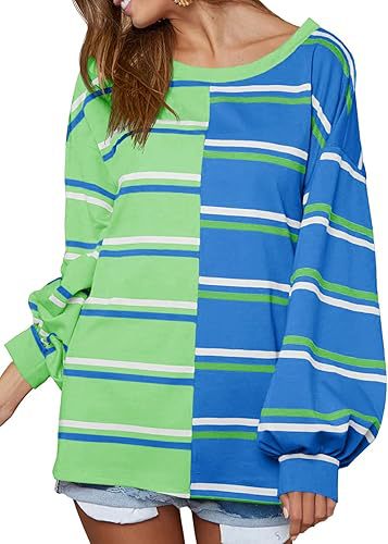 Colour Block Striped Oversized Long Sleeve Top - Blue