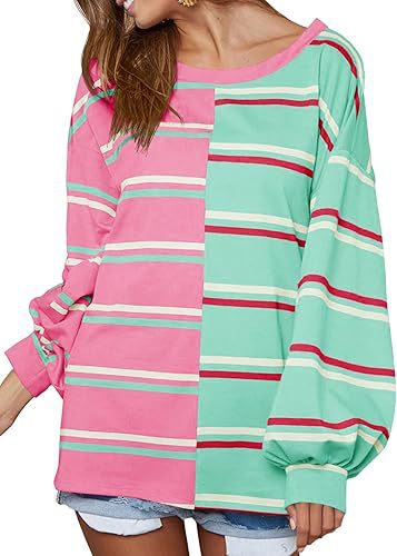 Colour Block Striped Oversized Long Sleeve Top - Green