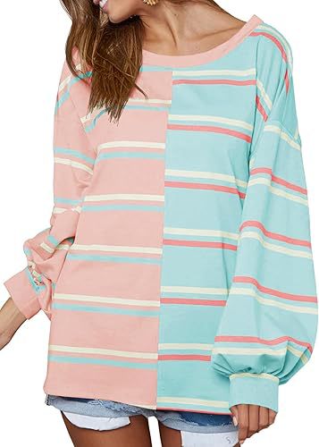 Colour Block Striped Oversized Long Sleeve Top - LightBlue