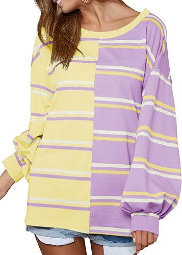 Colour Block Striped Oversized Long Sleeve Top - Purple