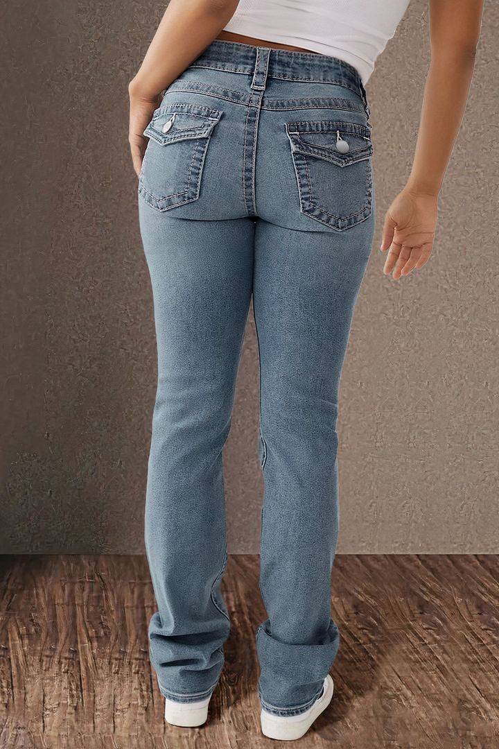 Light Wash Flap Pocket Straight Jeans - Blue - 2