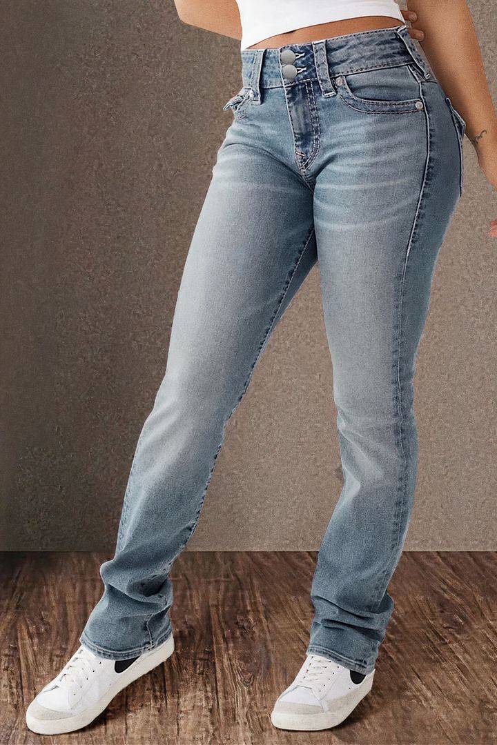 Light Wash Flap Pocket Straight Jeans - Blue - 3
