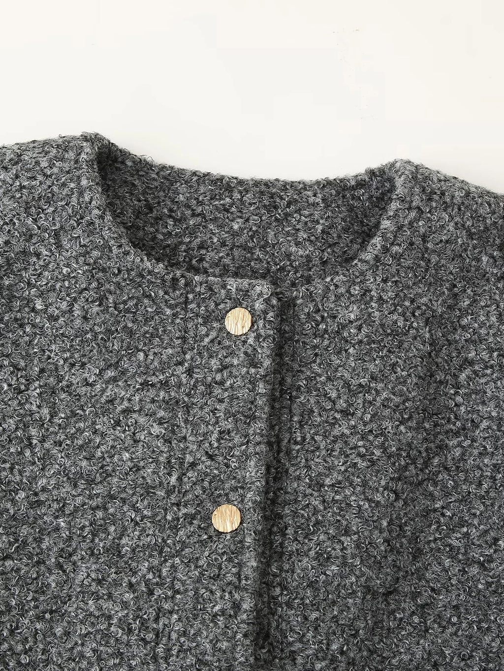 Boucle Knit Collarless Cropped Jacket - Grey - 1