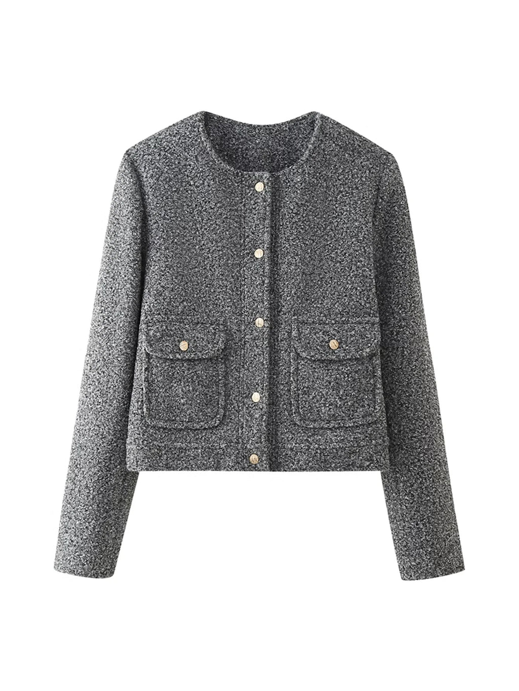 Boucle Knit Collarless Cropped Jacket