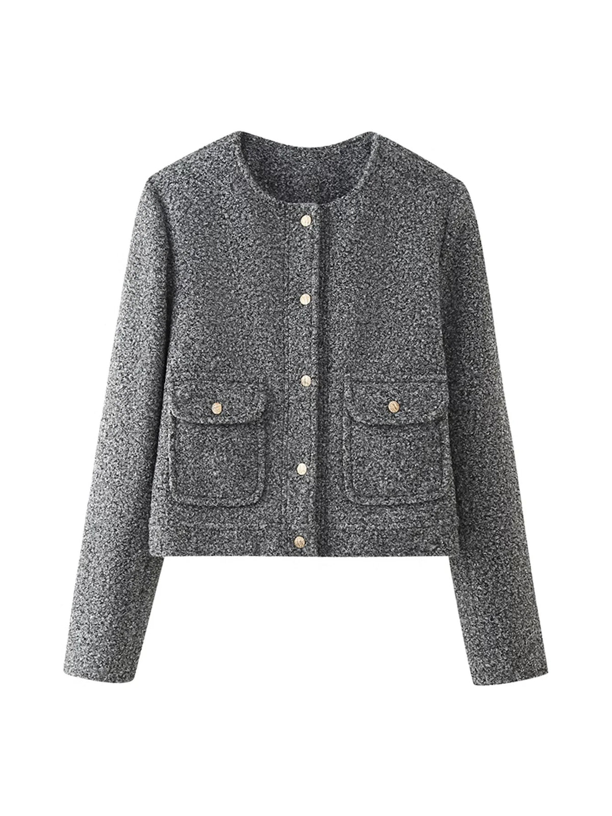 Boucle Knit Collarless Cropped Jacket
