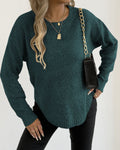 Curved Hem Crew Neck Pullover Sweater - Dark-Green