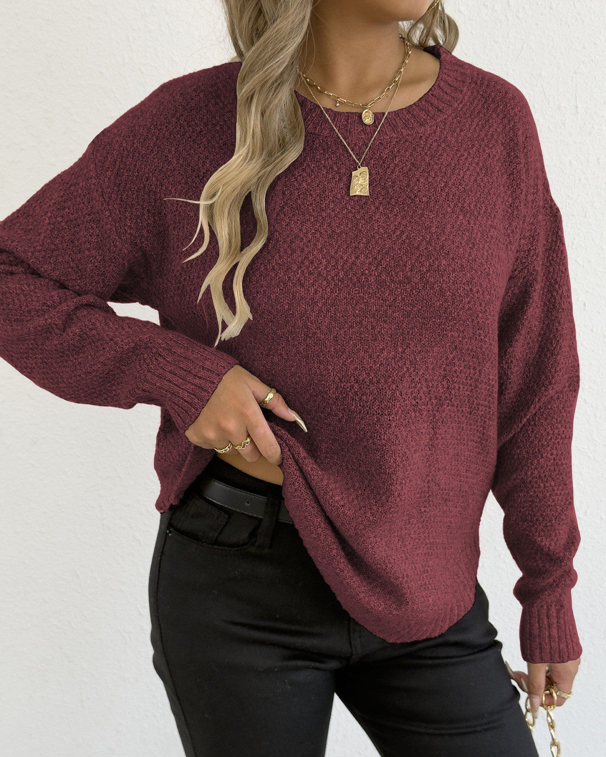 Curved Hem Crew Neck Pullover Sweater - Wine-Red