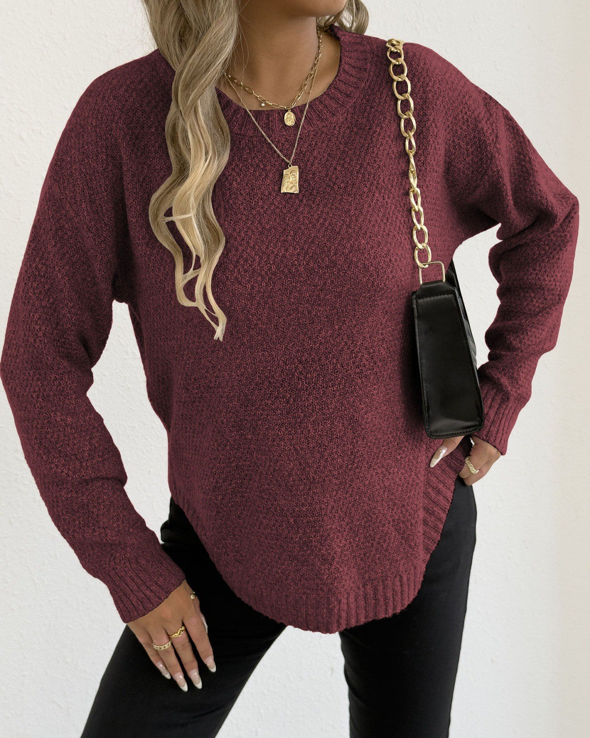 Curved Hem Crew Neck Pullover Sweater - Wine-Red - 1