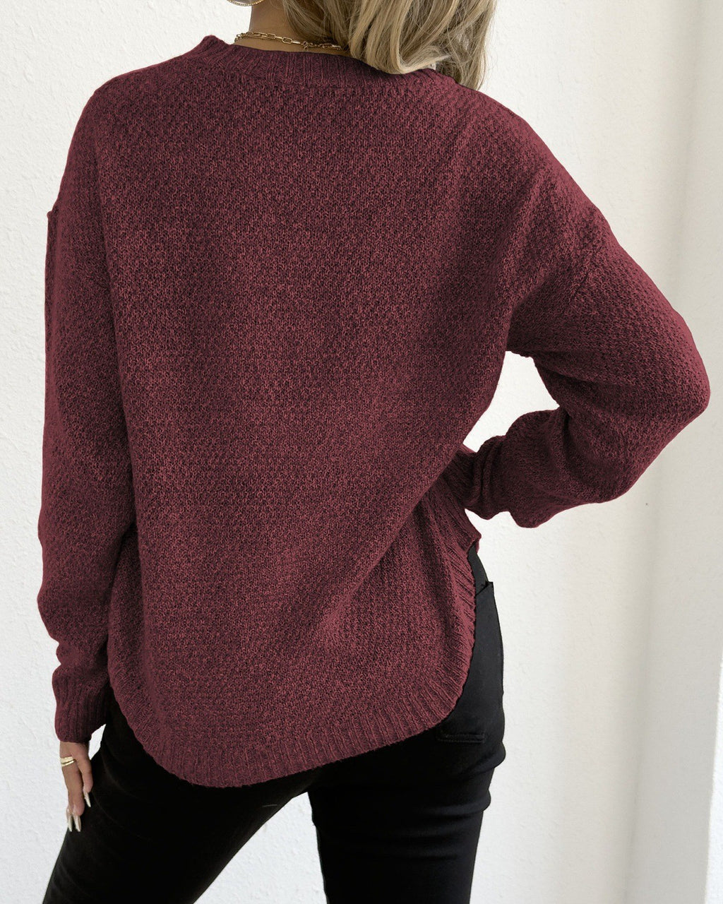 Curved Hem Crew Neck Pullover Sweater - Wine-Red - 2