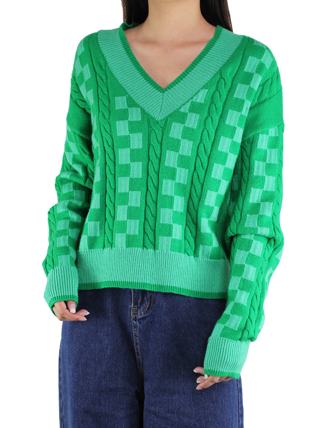 V Neck Checkerboard Cable Knit Sweater - Green