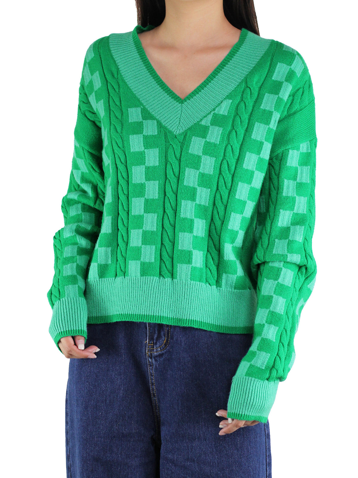 V Neck Checkerboard Cable Knit Sweater - Green