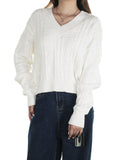 V Neck Checkerboard Cable Knit Sweater - White