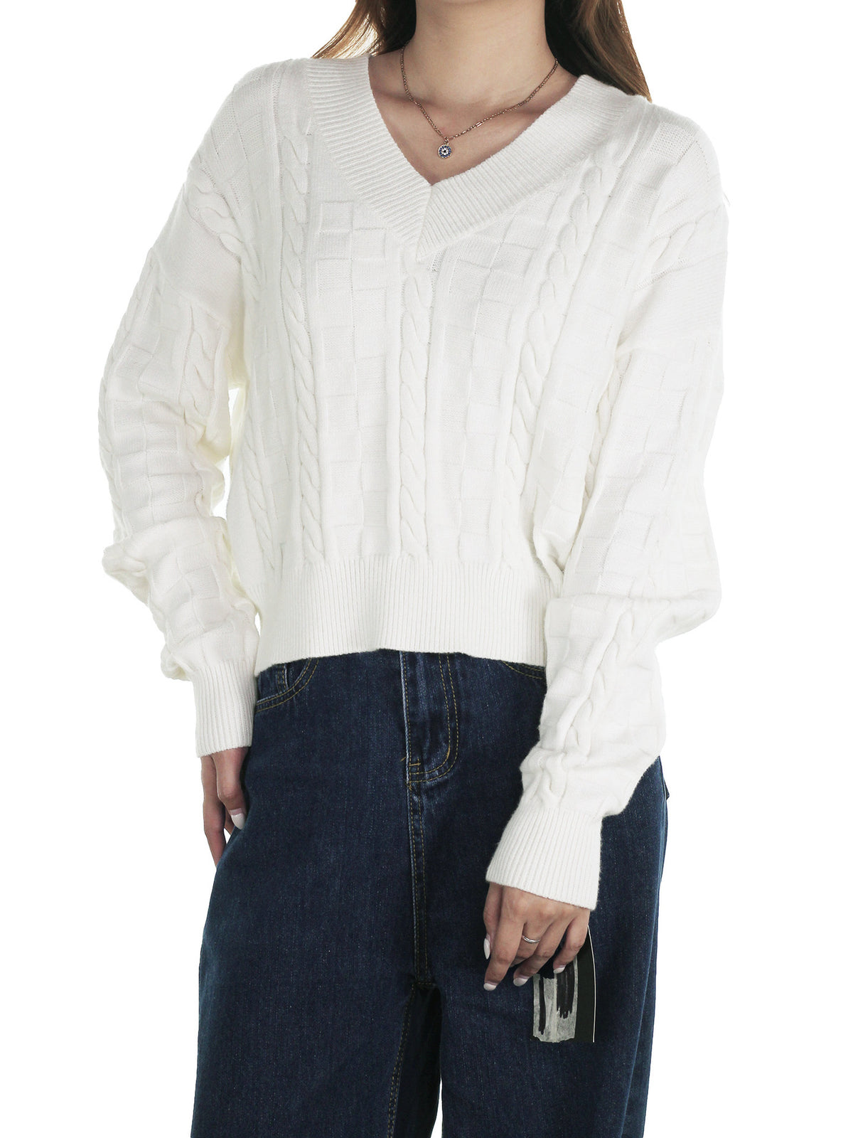 V Neck Checkerboard Cable Knit Sweater - White
