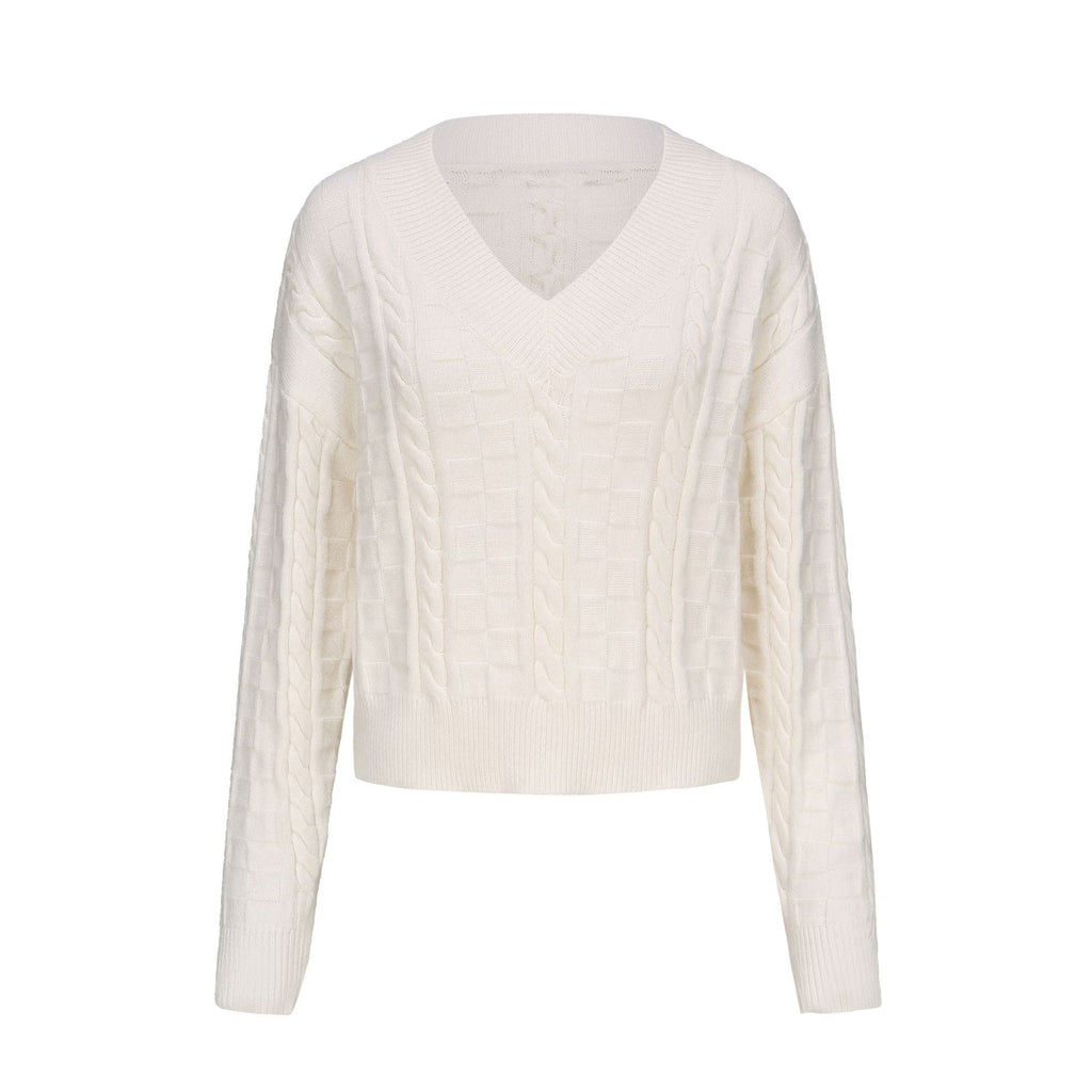 V Neck Checkerboard Cable Knit Sweater