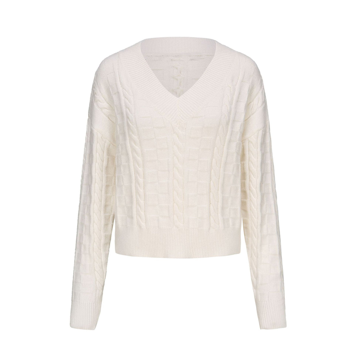 V Neck Checkerboard Cable Knit Sweater