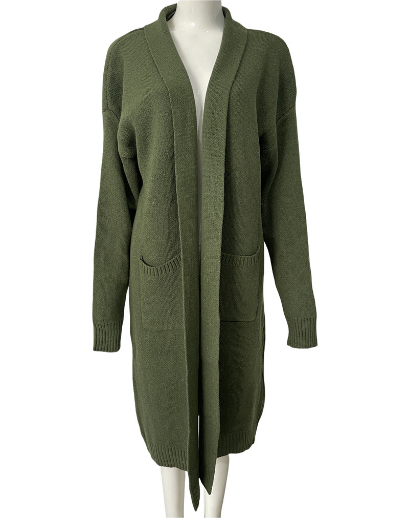 Slouchy Midi Open Cardigan With Pockets - Green