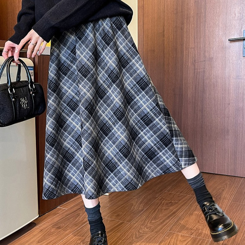 Plaid A Line High Waist Midi Skirt - Grey