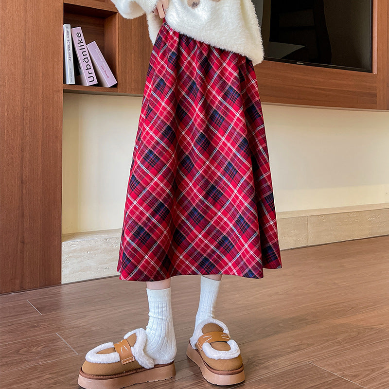 Plaid A Line High Waist Midi Skirt - Red