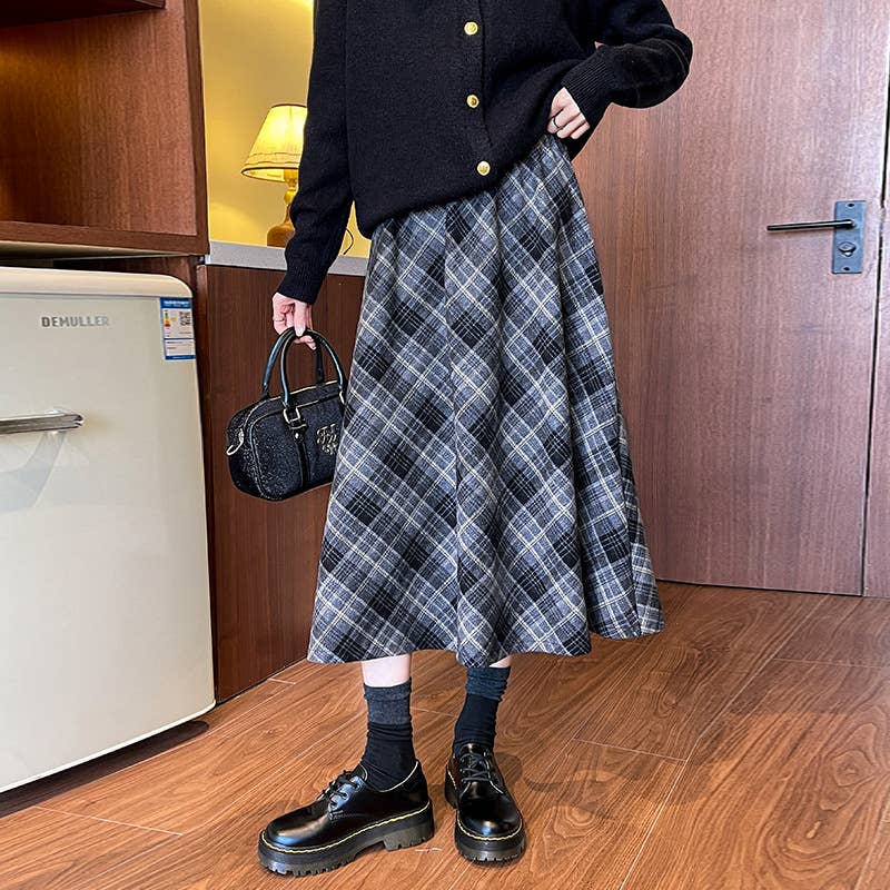 Plaid A Line High Waist Midi Skirt