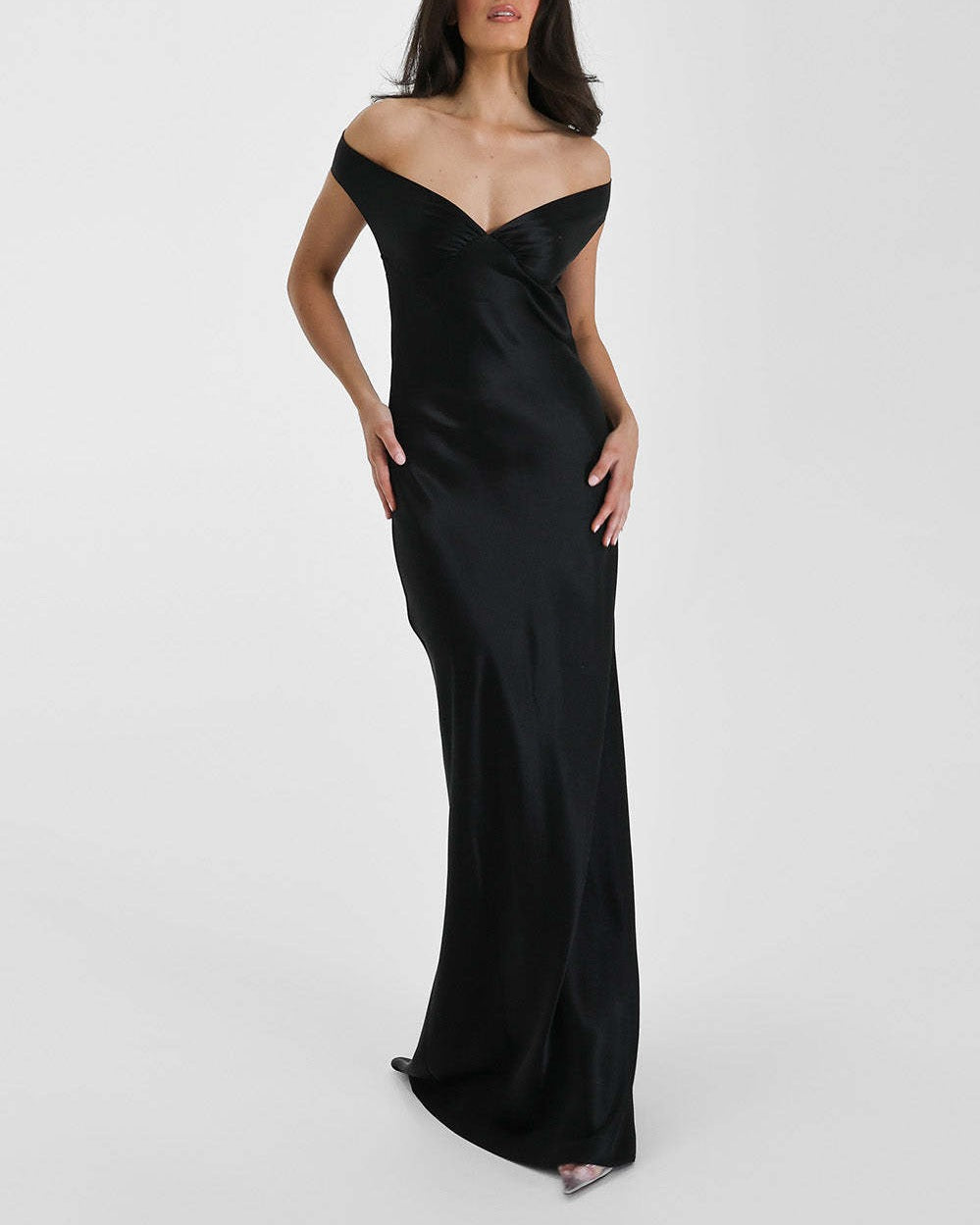 Satin Off Shoulder Open Back Maxi Gown - Black