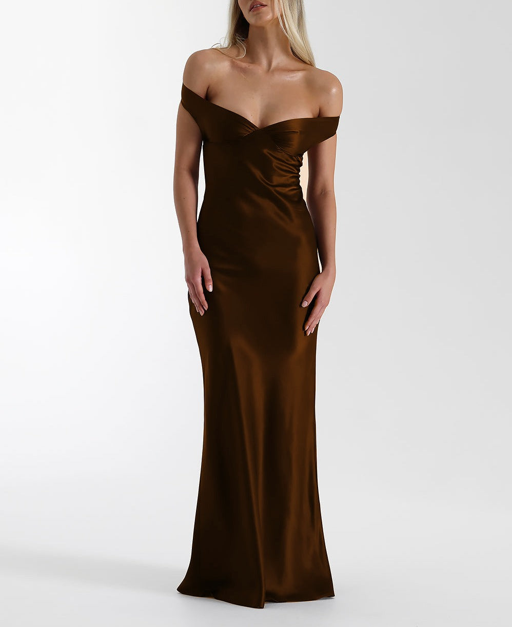 Satin Off Shoulder Open Back Maxi Gown - Chocolate