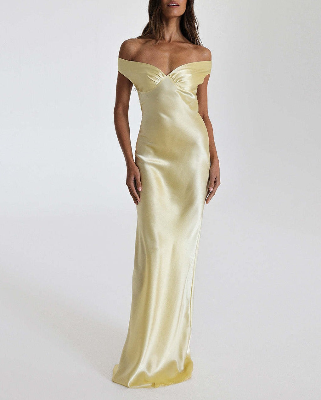 Satin Off Shoulder Open Back Maxi Gown