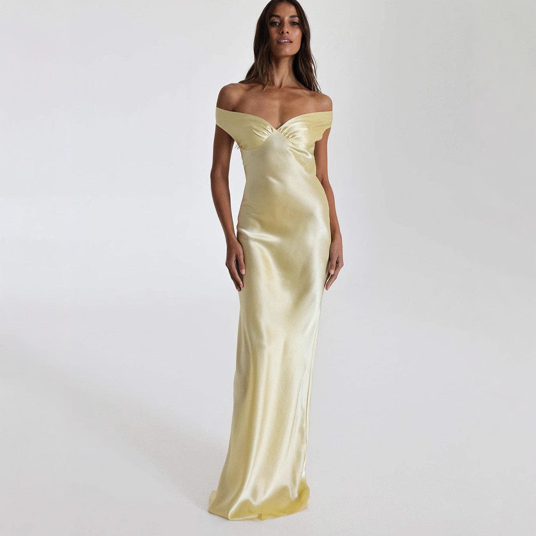 Satin Off Shoulder Open Back Maxi Gown