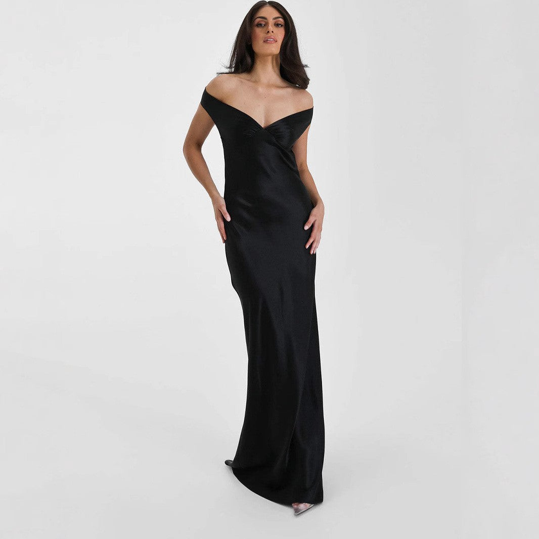 Satin Off Shoulder Open Back Maxi Gown
