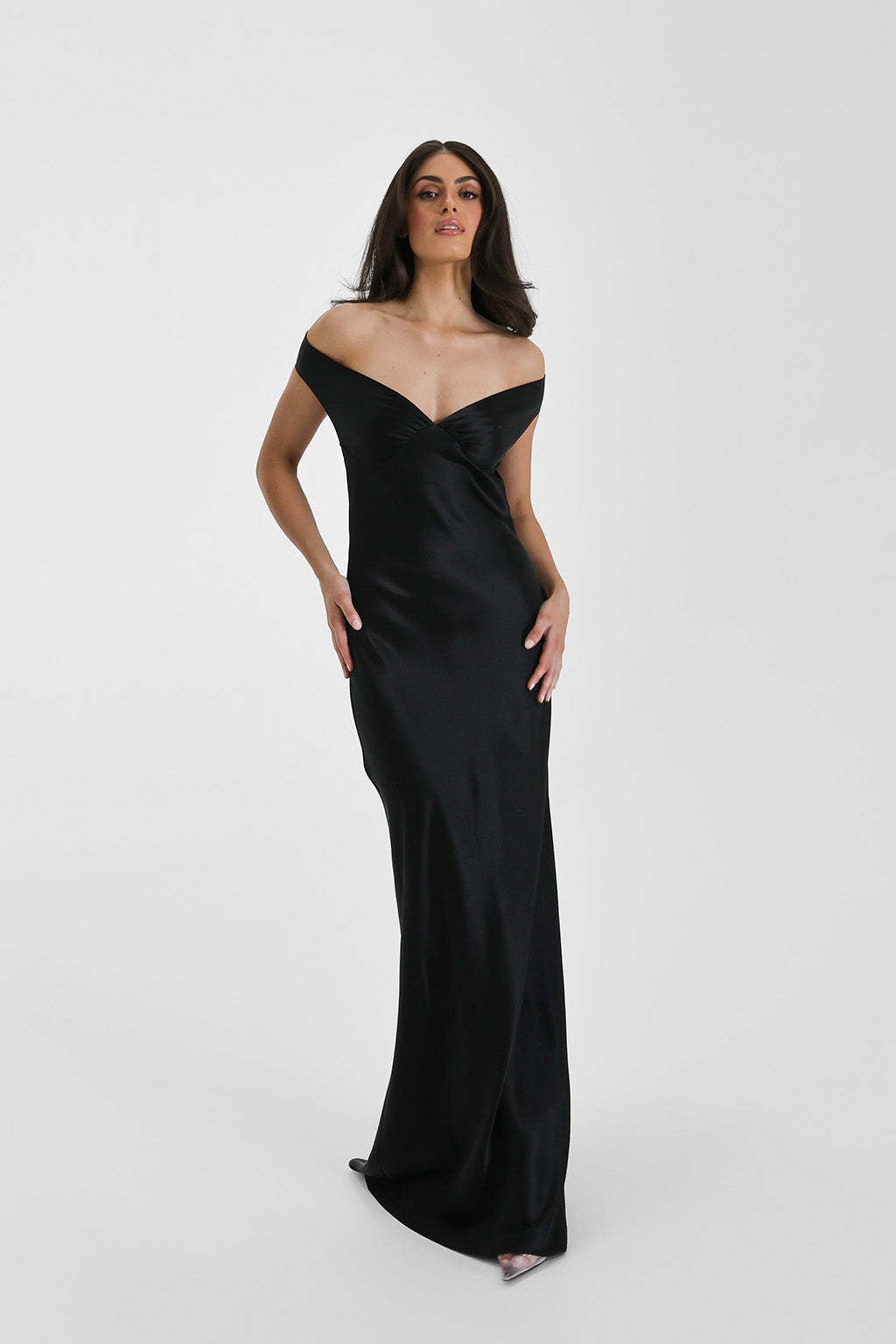 Satin Off Shoulder Open Back Maxi Gown