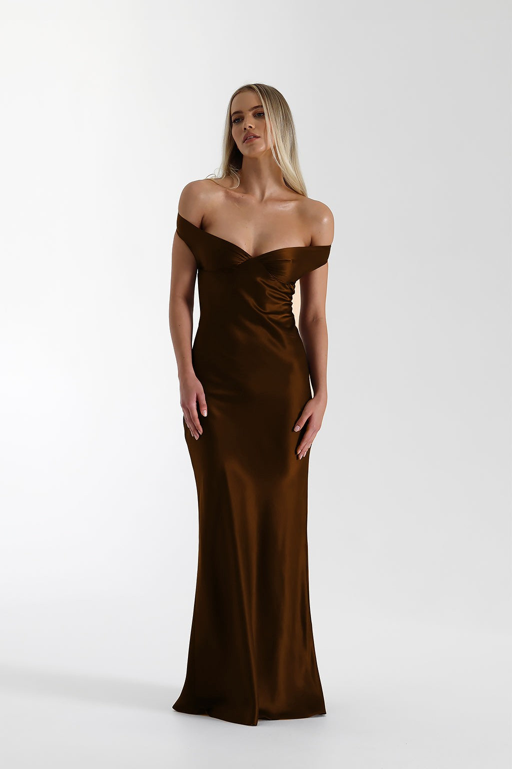 Satin Off Shoulder Open Back Maxi Gown
