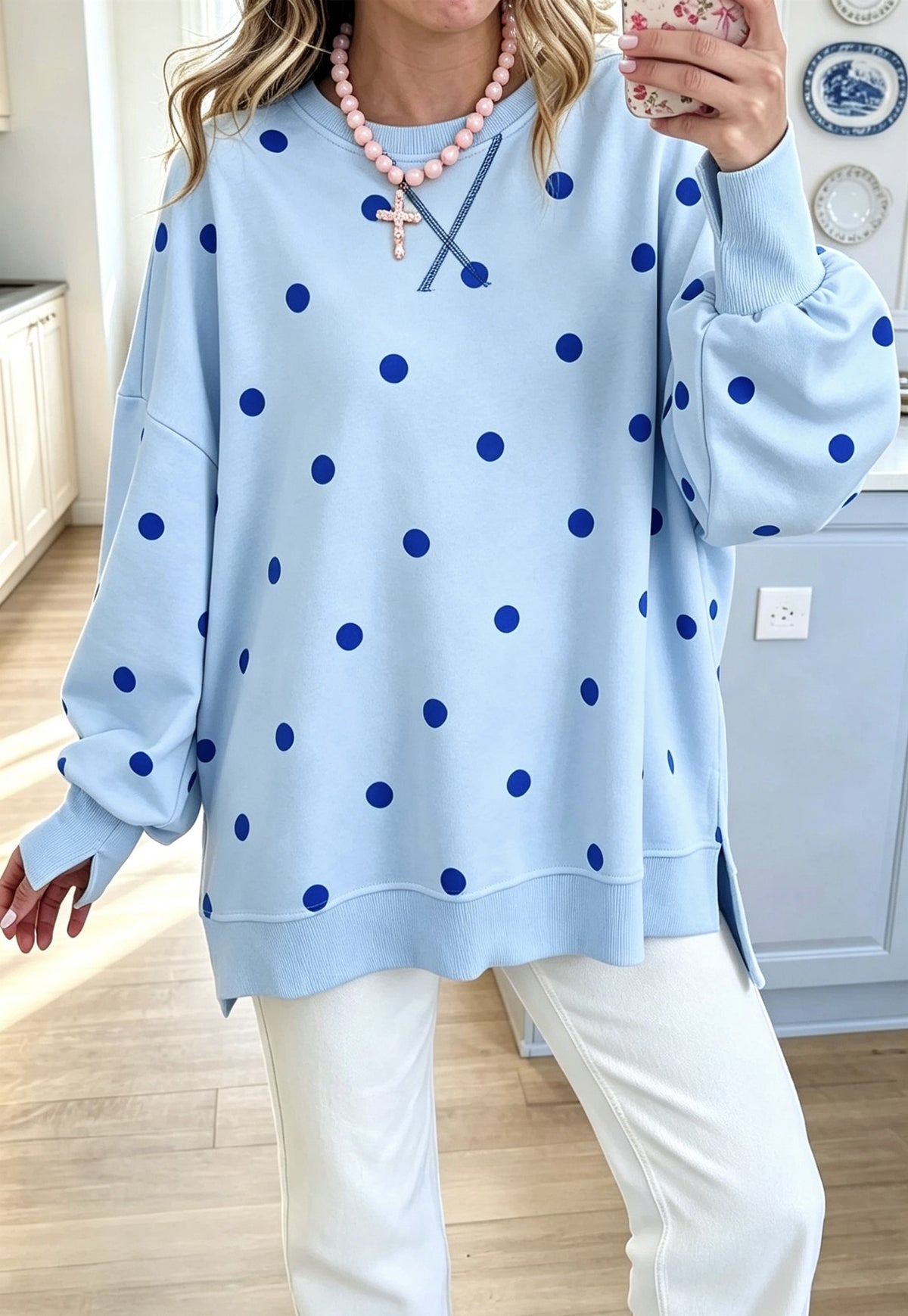 Polka Dot Oversized Sweatshirt With Side Slits - Blue