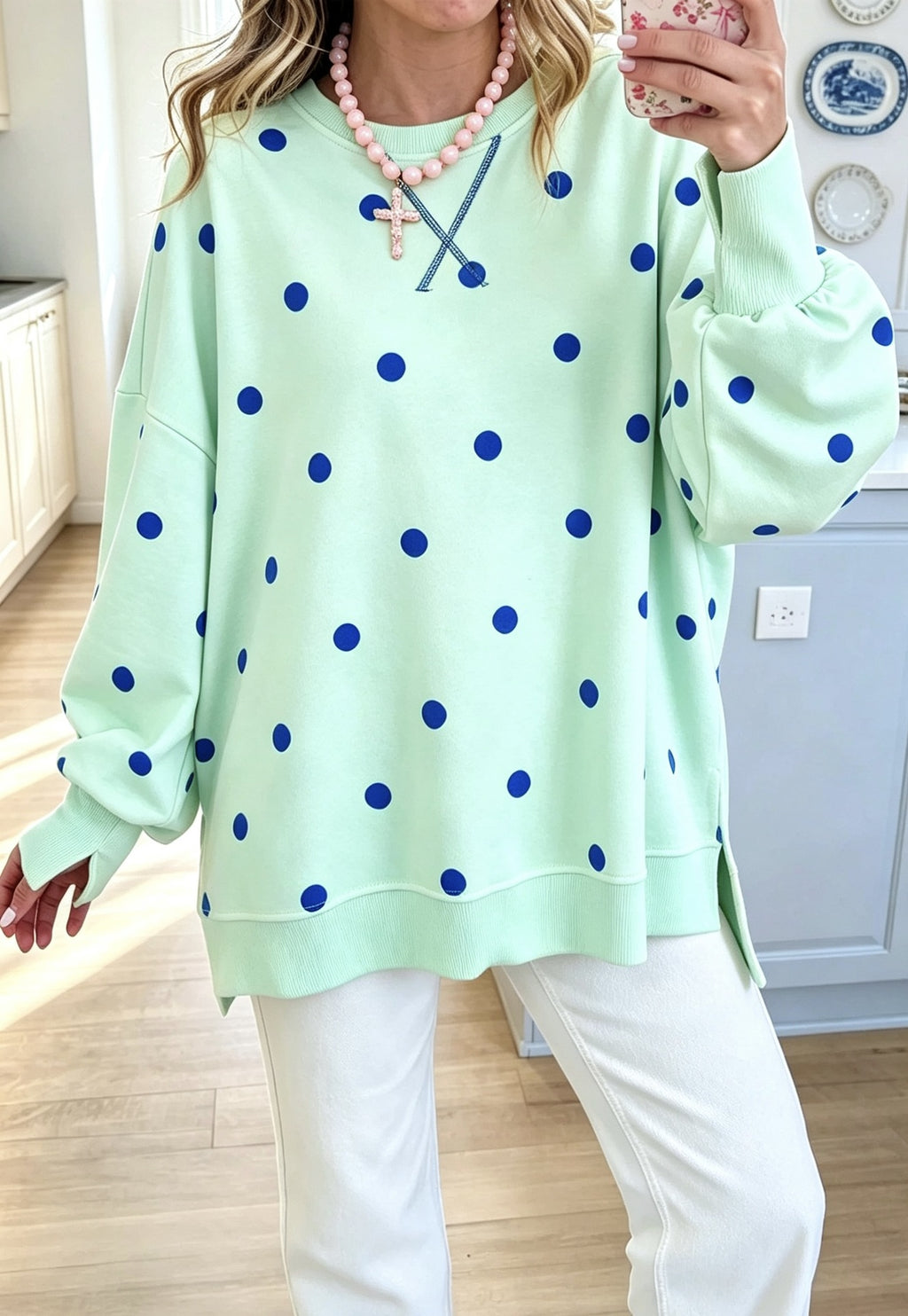 Polka Dot Oversized Sweatshirt With Side Slits - Mint
