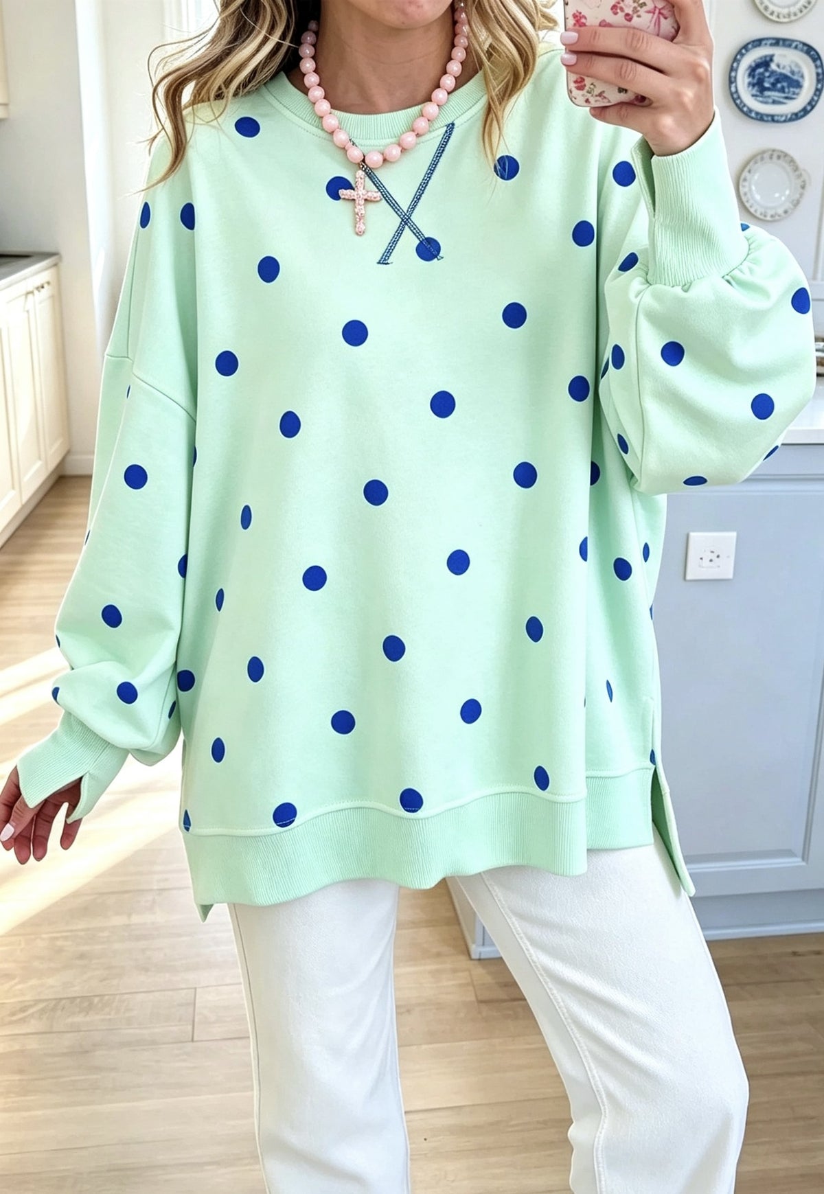 Polka Dot Oversized Sweatshirt With Side Slits - Mint