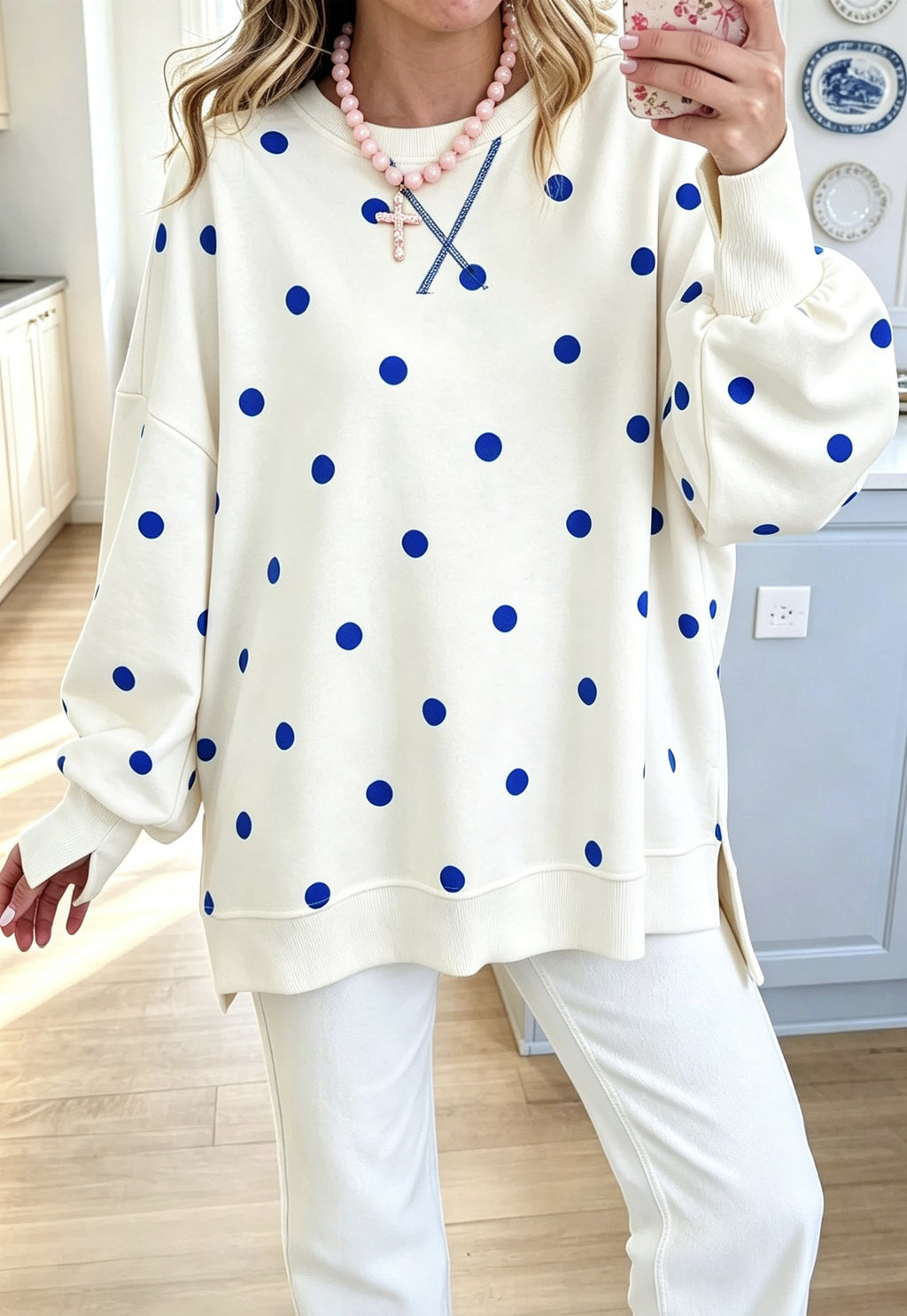 Polka Dot Oversized Sweatshirt With Side Slits - OffWhite