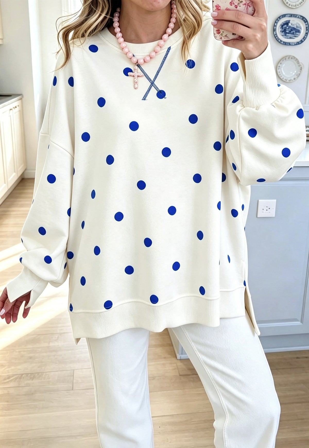 Polka Dot Oversized Sweatshirt With Side Slits - OffWhite