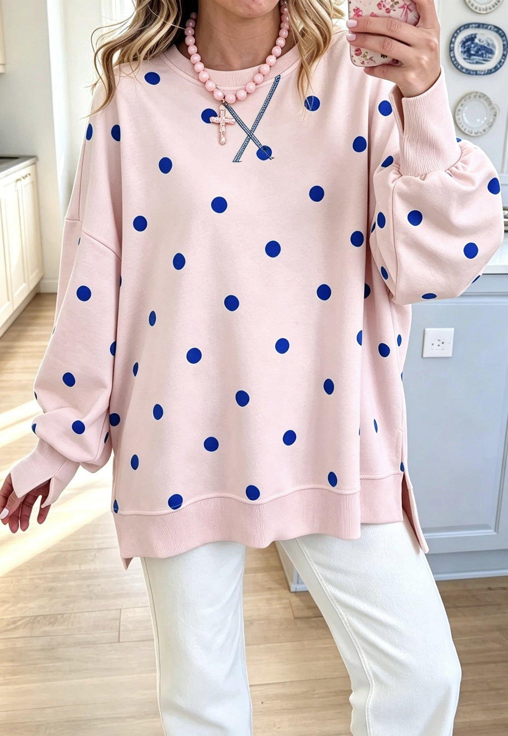 Polka Dot Oversized Sweatshirt With Side Slits - Pink
