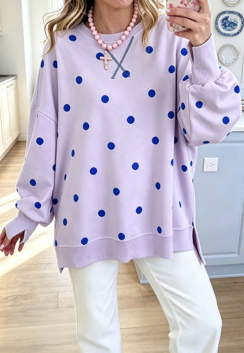 Polka Dot Oversized Sweatshirt With Side Slits - Purple