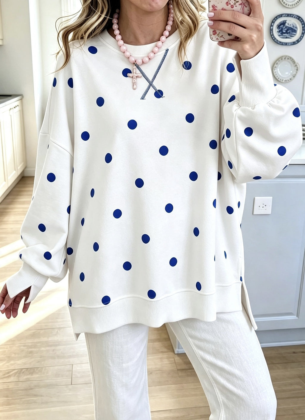 Polka Dot Oversized Sweatshirt With Side Slits - White