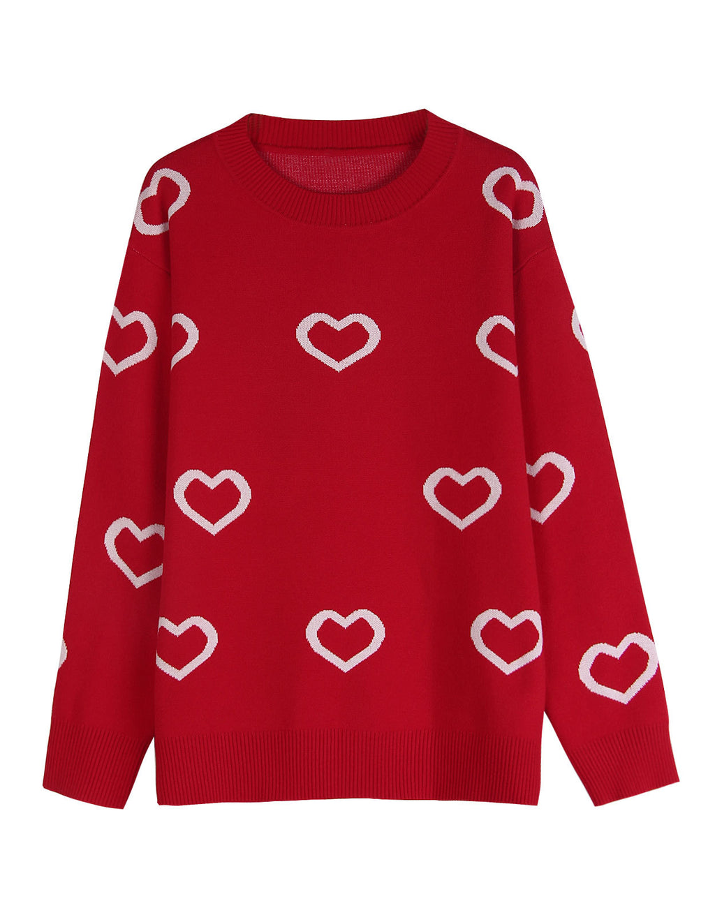Allover Heart Outline Knit Pullover Sweater - Red