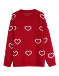 Allover Heart Outline Knit Pullover Sweater - Red