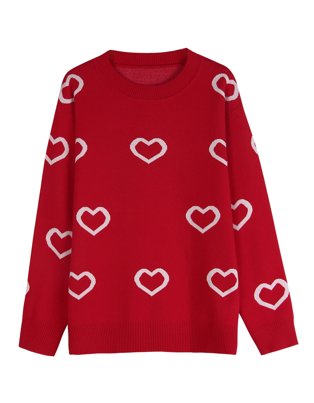 Allover Heart Outline Knit Pullover Sweater - Red