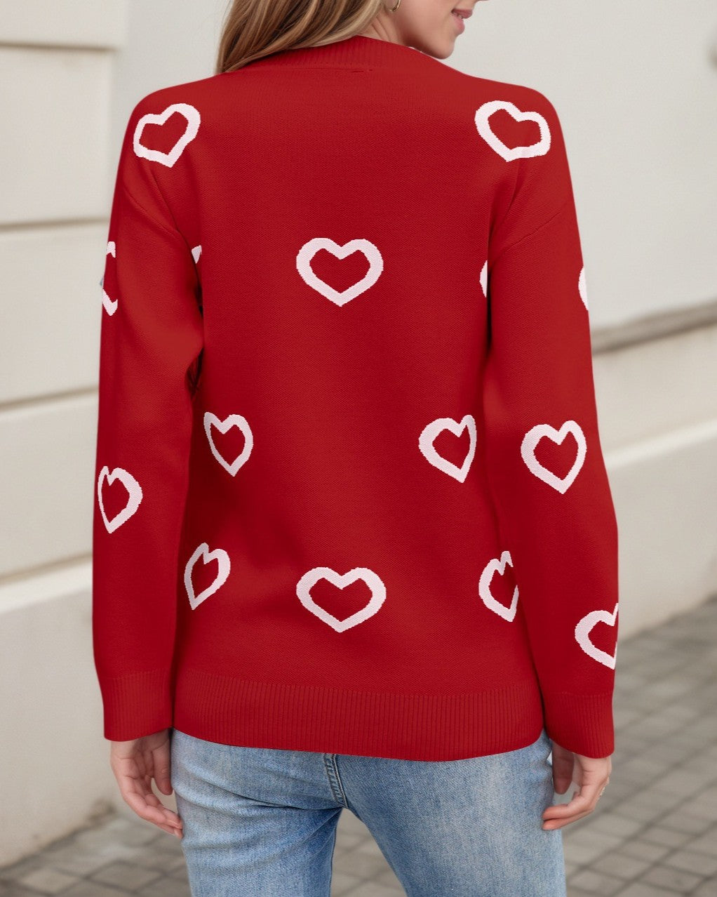 Allover Heart Outline Knit Pullover Sweater - Red - 1