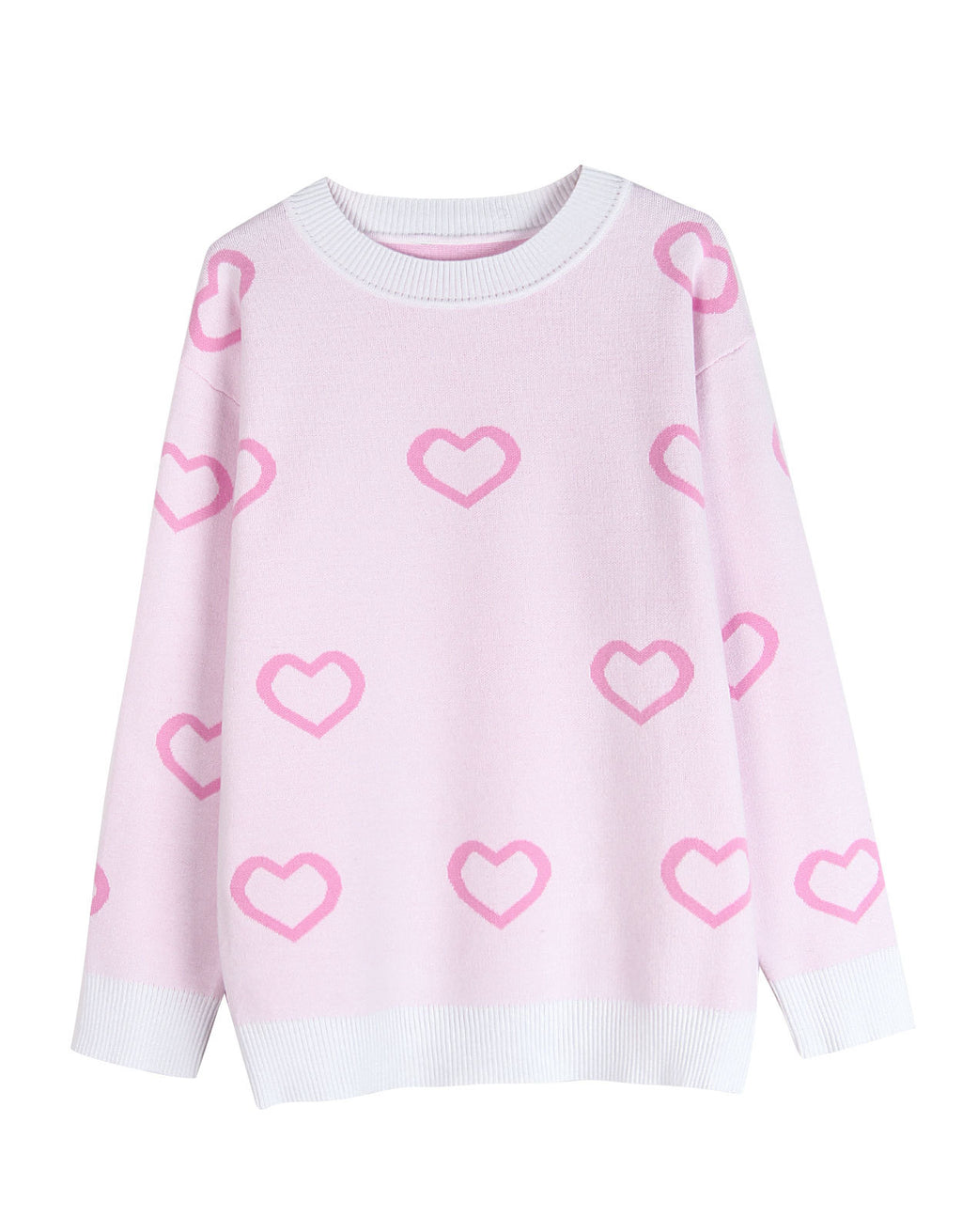 Allover Heart Outline Knit Pullover Sweater - White
