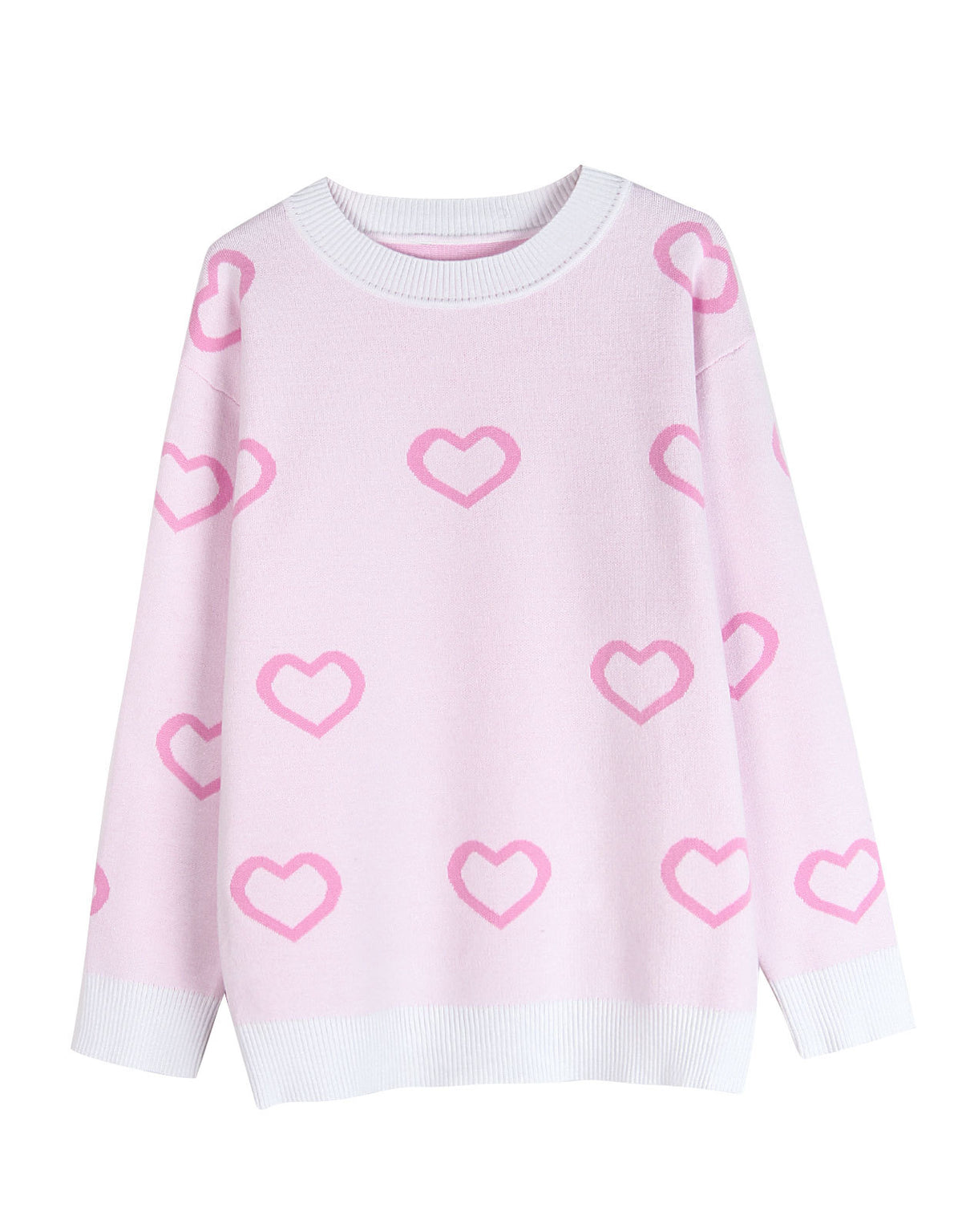 Allover Heart Outline Knit Pullover Sweater - White