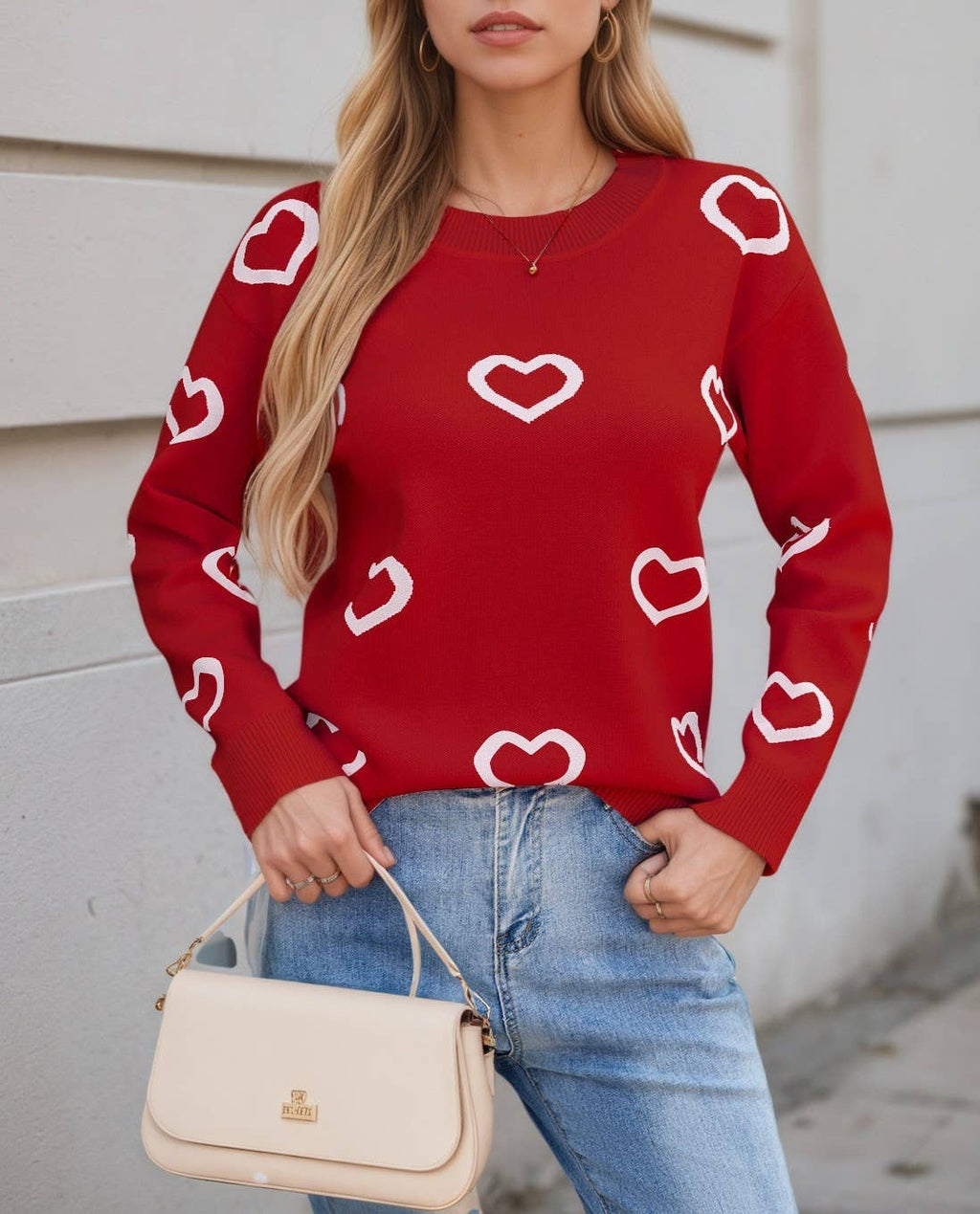 Allover Heart Outline Knit Pullover Sweater