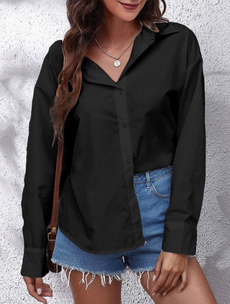 Tie Back Cutout Poplin Button Down Shirt - Black