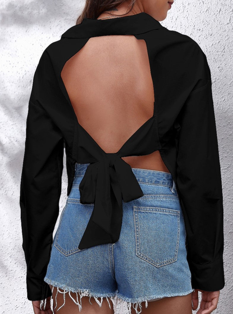 Tie Back Cutout Poplin Button Down Shirt - Black - 1