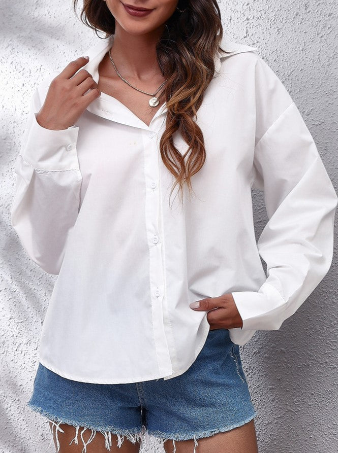 Tie Back Cutout Poplin Button Down Shirt - White - 1